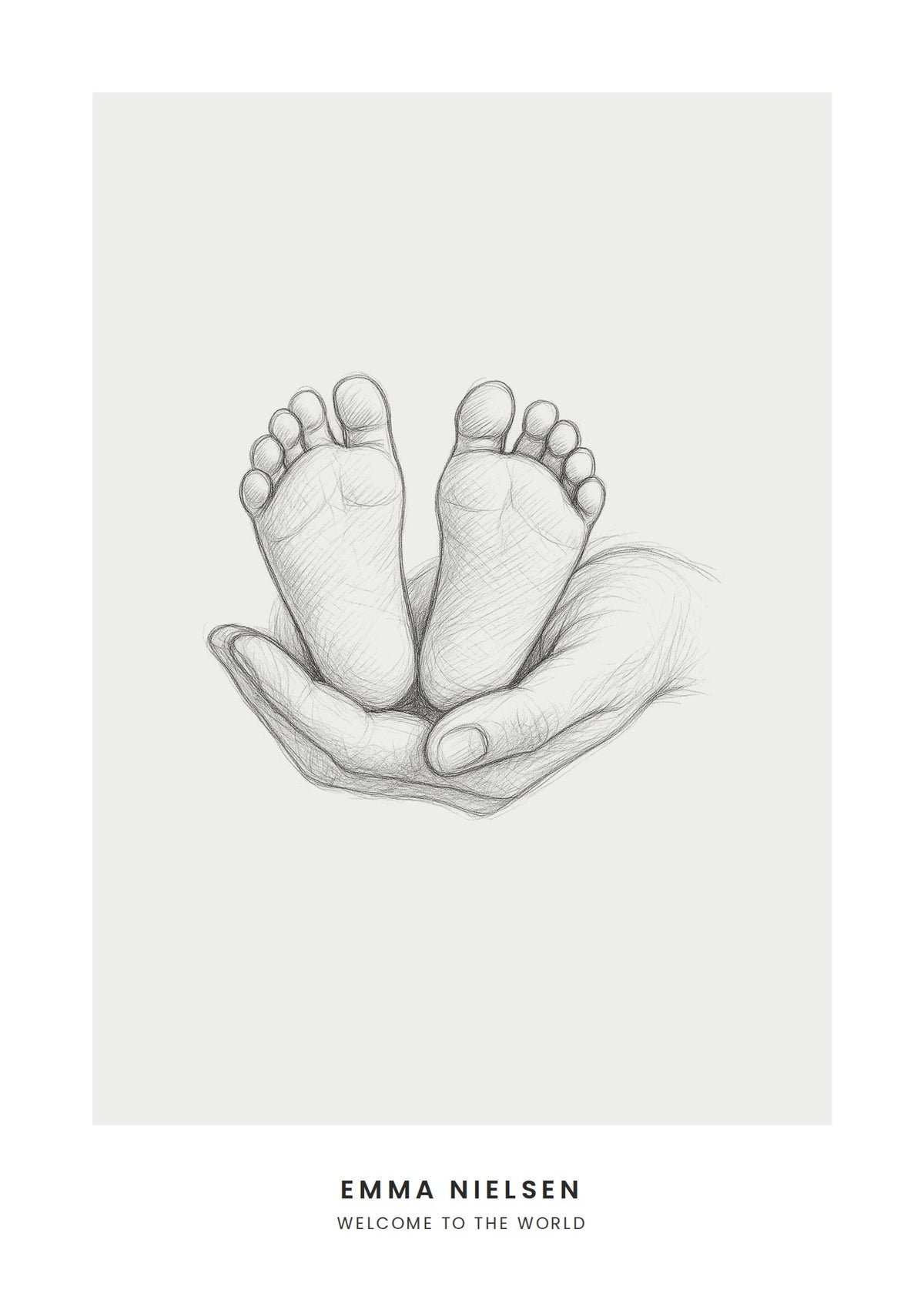 Personalised baby poster with a graphite drawing of baby feet held in a hand, grey, with the child's name