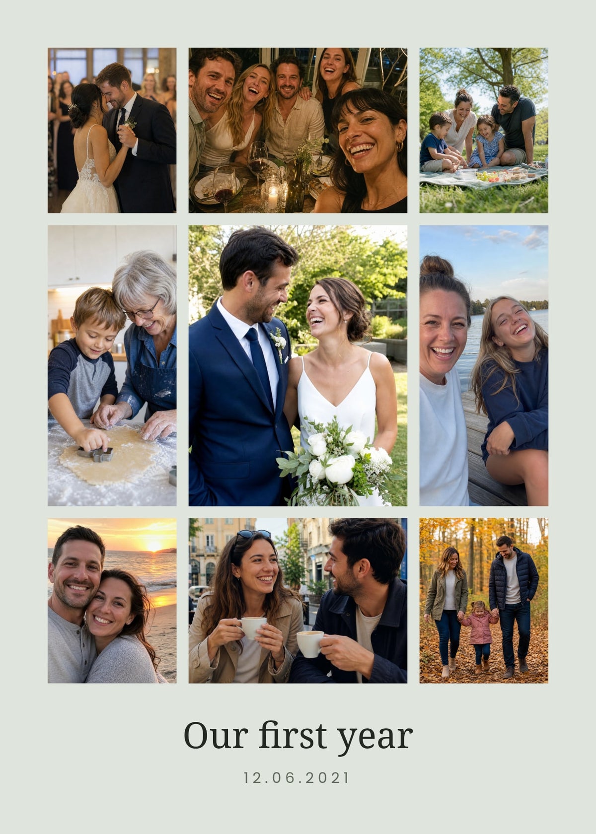 The Big Moment personalised poster – a large centre photo with eight photos around it, on sage