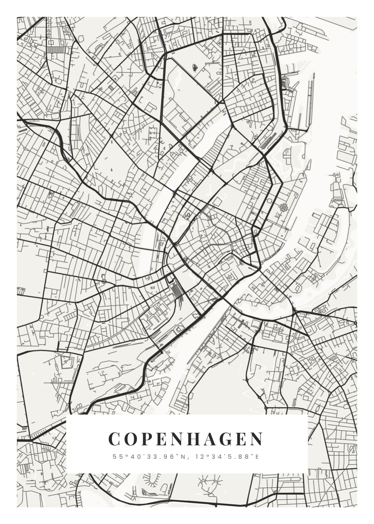 City Map custom city poster of Copenhagen in off-white with black streets, city name and coordinates
