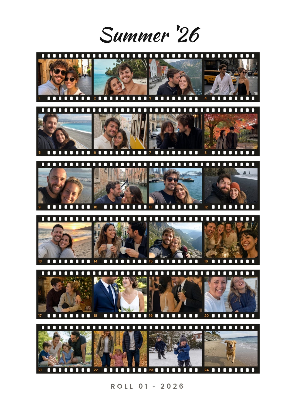 Film Roll personalised poster – a contact sheet with 24 photos on film strips with sprocket holes and frame numbers, on white