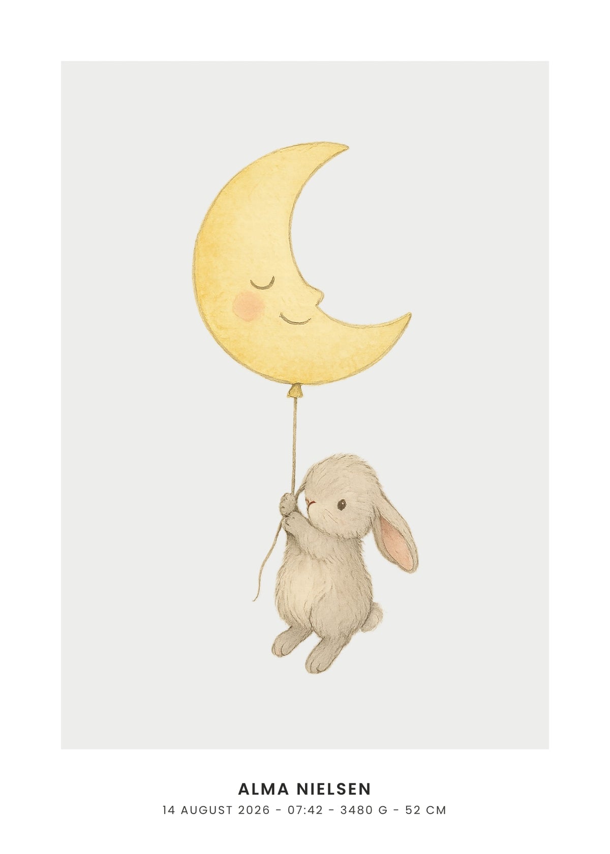 Flying Bunny personalised baby poster – watercolour bunny with a moon balloon on grey, name and birth details