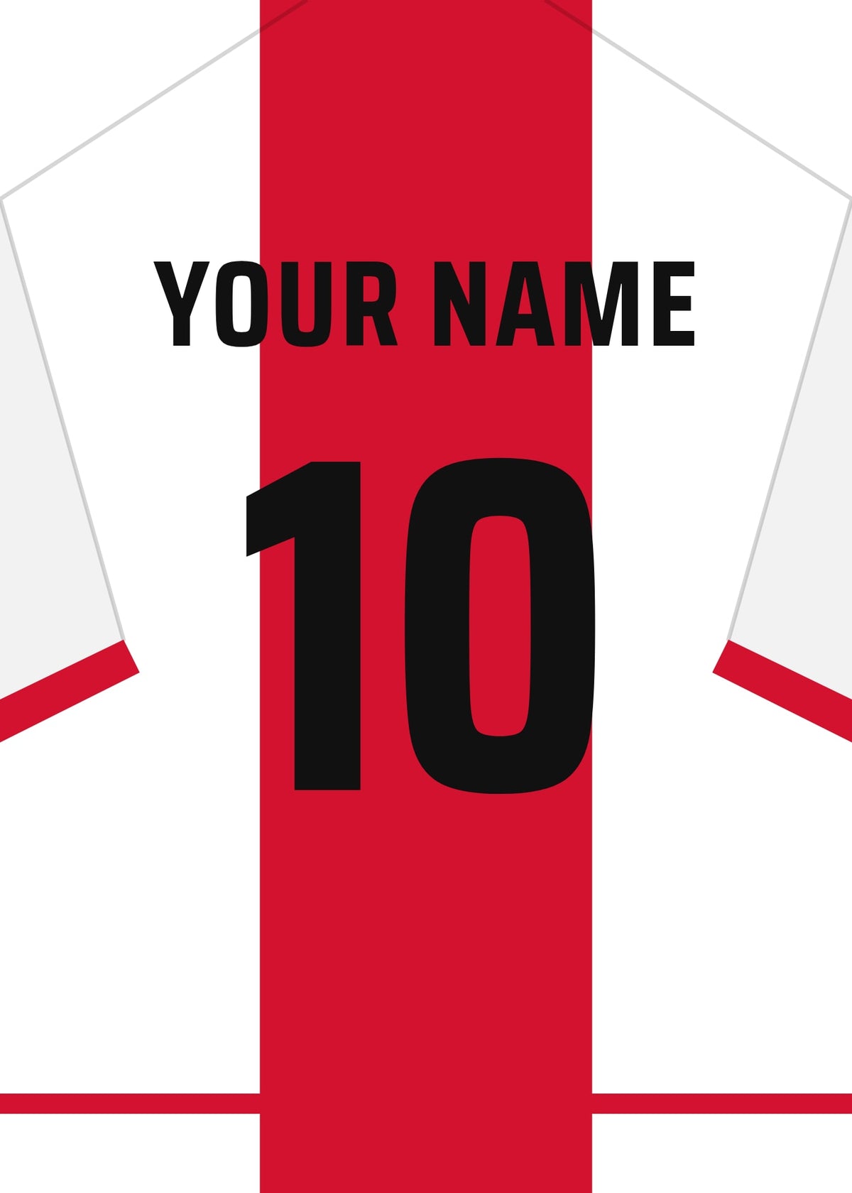 Personalised football shirt poster in Ajax white with the broad red band down the back – a name and number on the back
