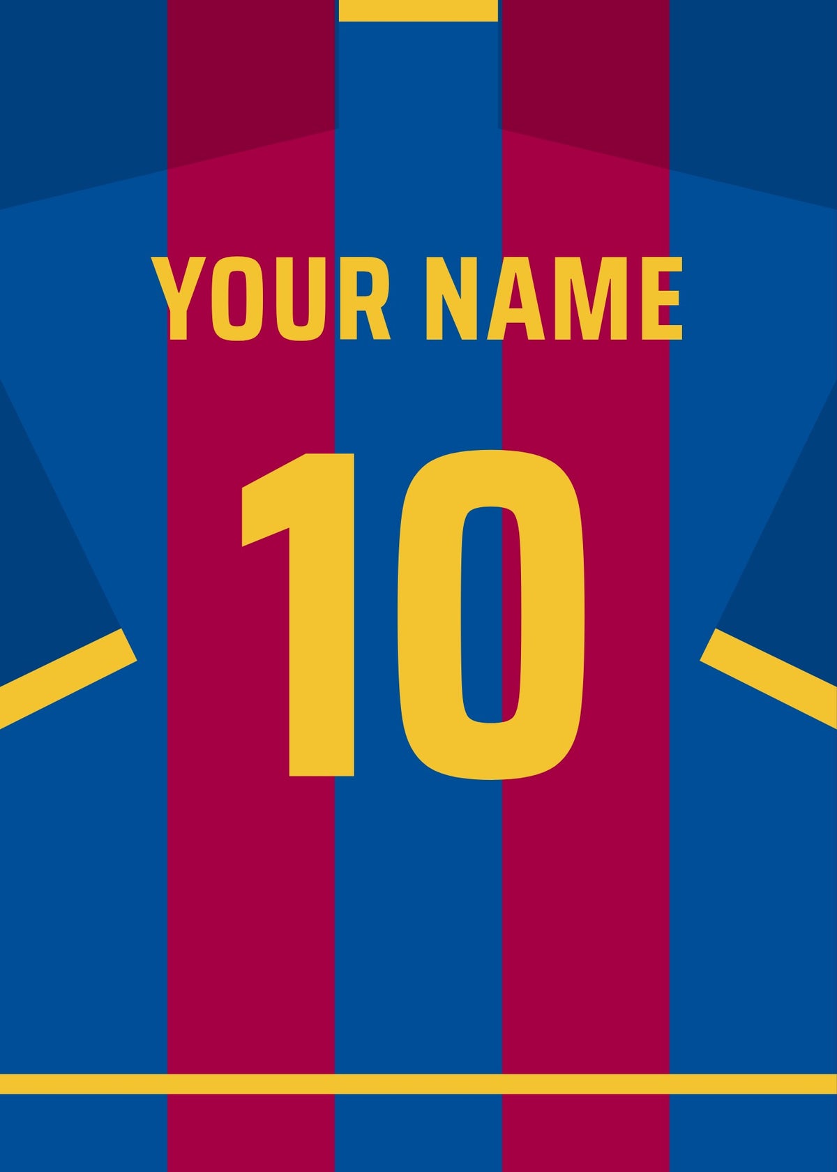 Personalised football shirt poster in Barcelona colours – blue and claret stripes with a name and number on the back