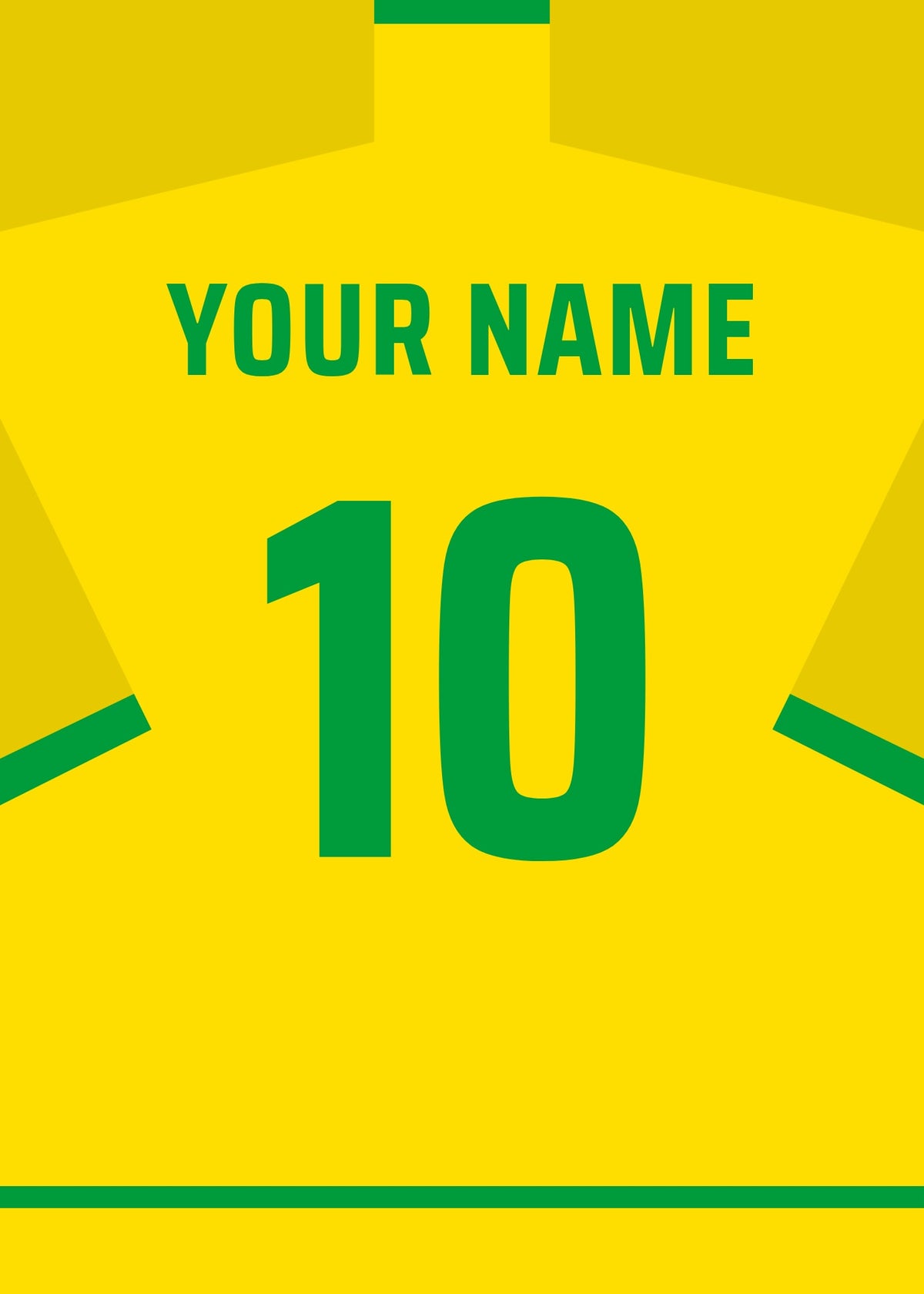 Personalised football shirt poster in Brazil's canary yellow with green lettering – a name and number on the back