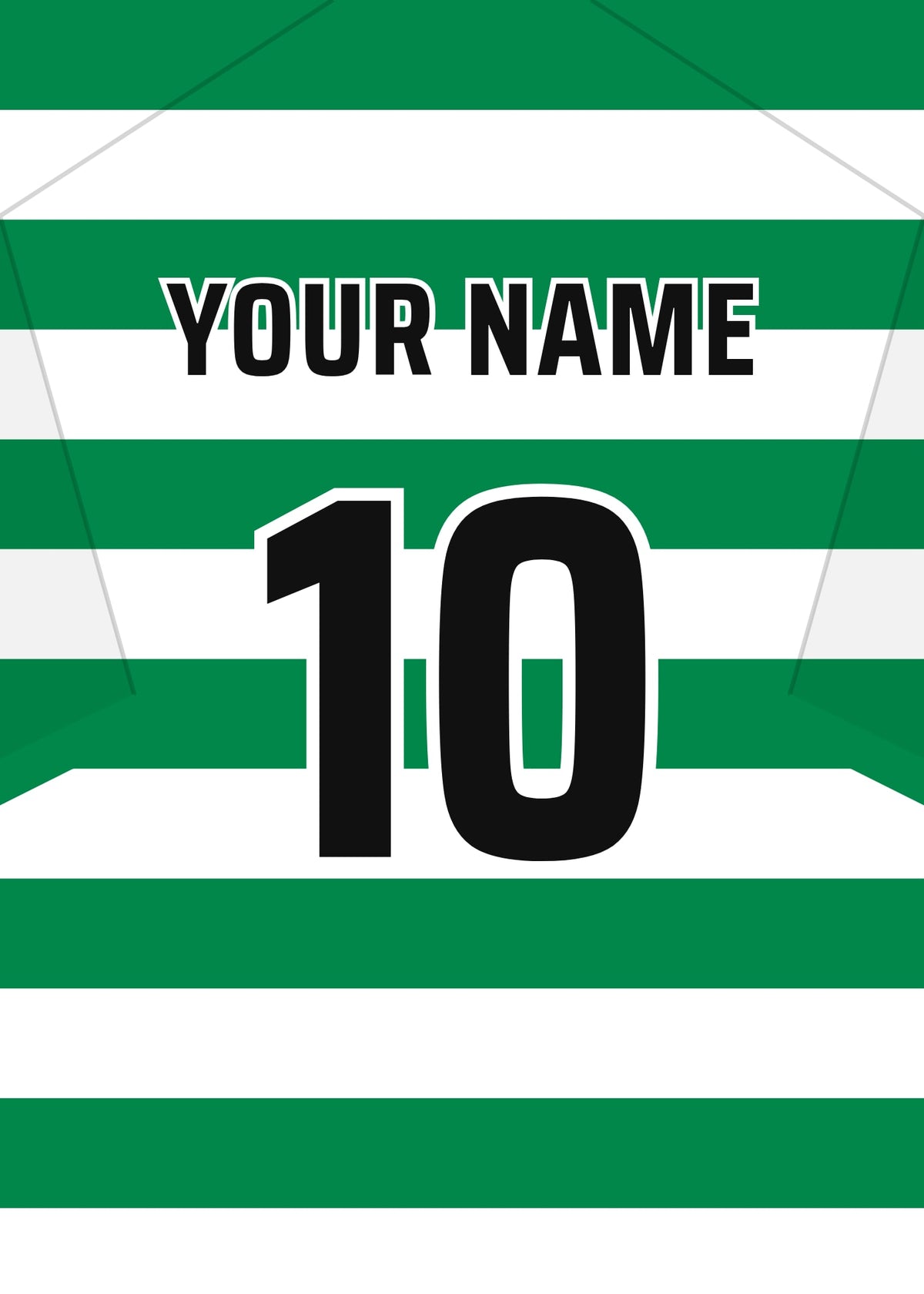 Personalised football shirt poster in Celtic's green and white hoops – a name and number on the back
