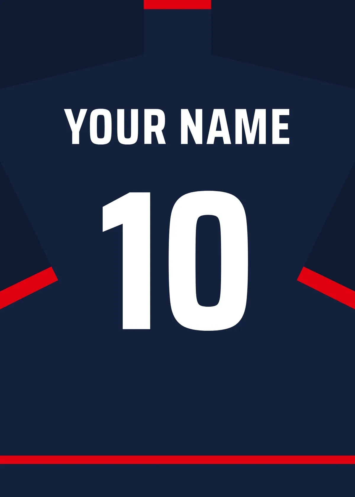 Personalised football shirt poster in France's navy blue with white lettering – a name and number on the back
