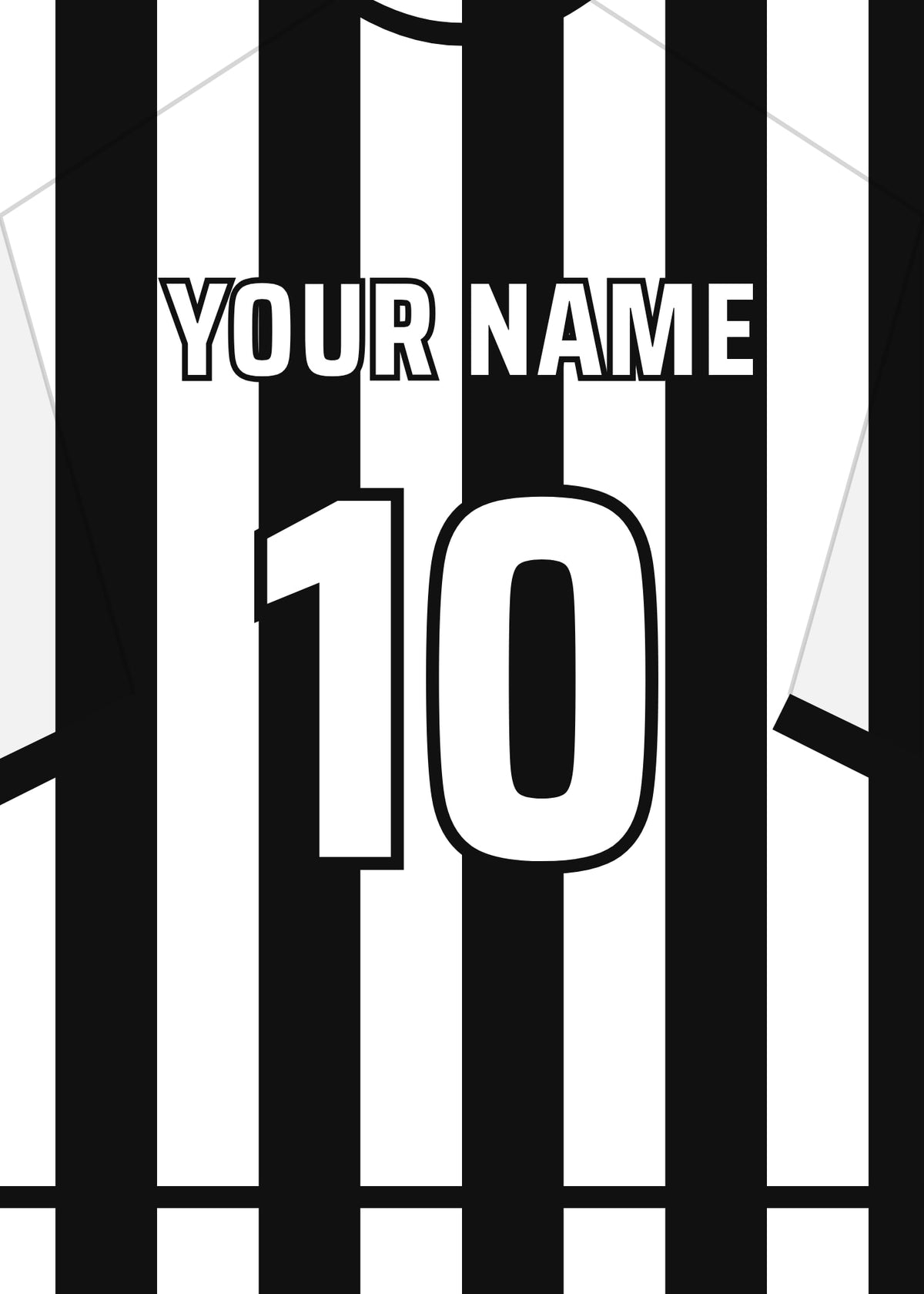 Personalised football shirt poster in Juventus' black and white stripes – a name and number on the back