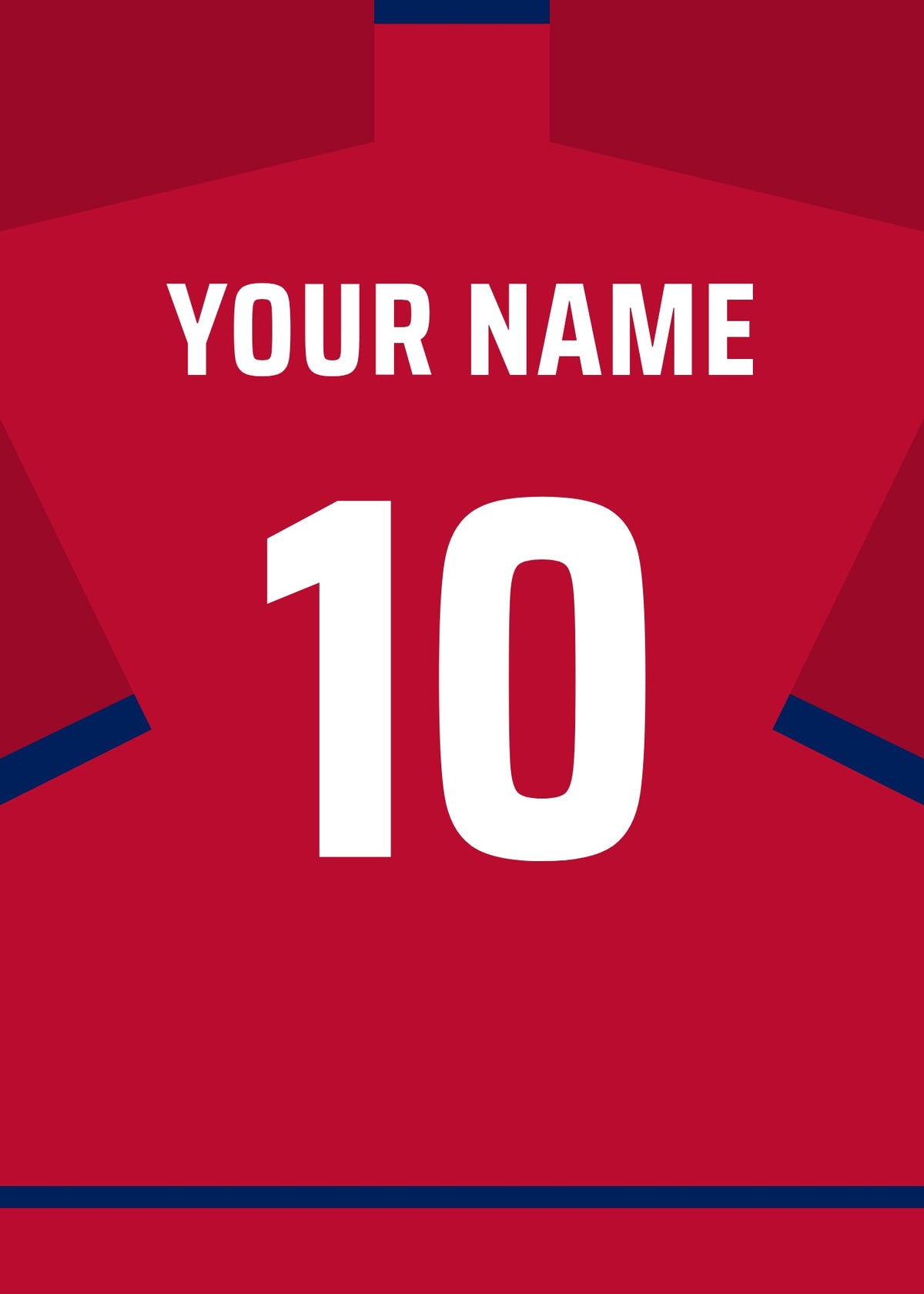 Personalised football shirt poster in Norway's red with white lettering – a name and number on the back