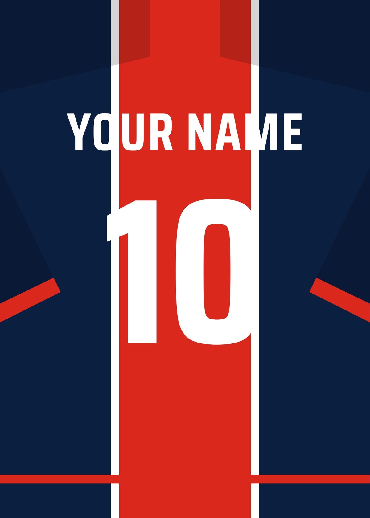 Personalised football shirt poster in PSG colours – navy with a red centre band, name and number on the back