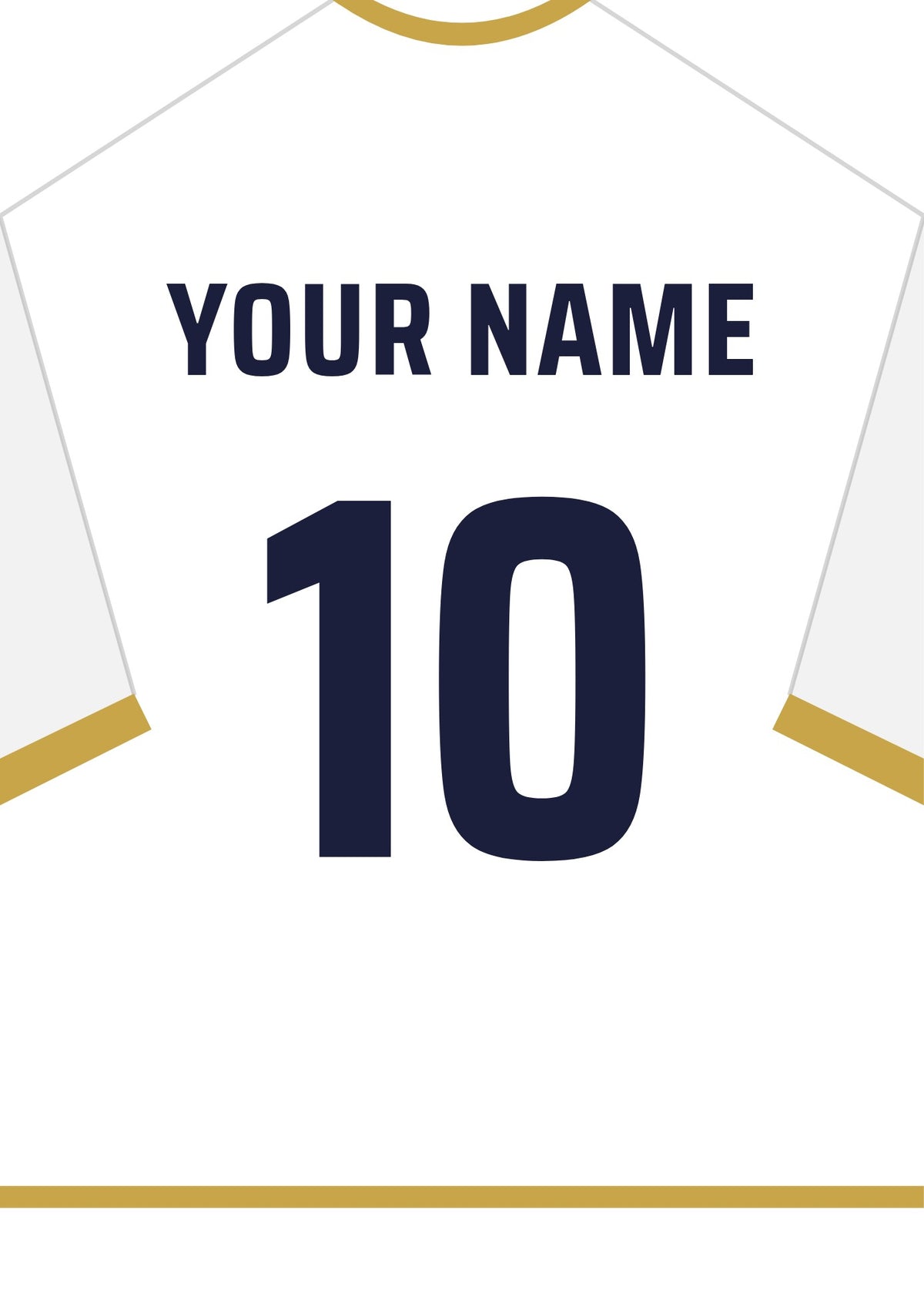 Personalised football shirt poster in Real Madrid colours – white shirt with gold collar and trim, name and number on the back