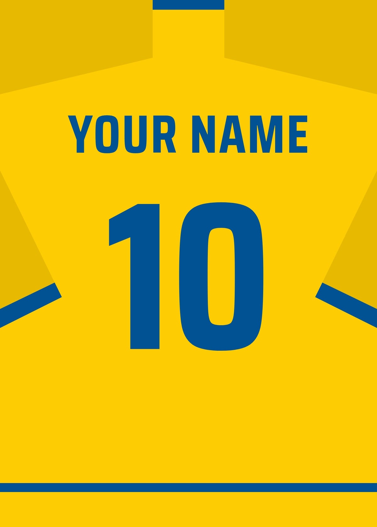 Personalised football shirt poster in Swedish yellow with blue lettering – a name and number on the back