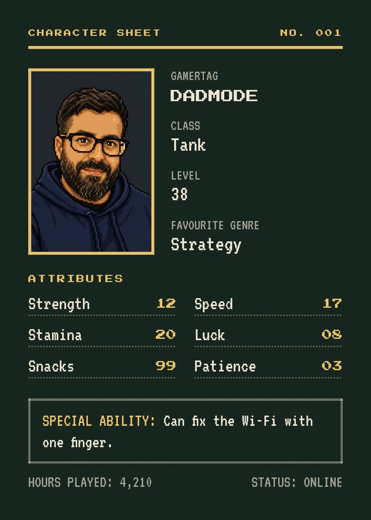 Gamer Character Sheet personalised poster – a retro pixel-art avatar drawn from a photo on an RPG character sheet with gamertag, class, level and stats (forest)