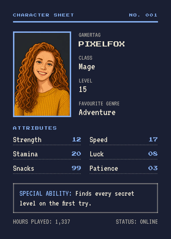 Gamer Character Sheet – Personlig plakat med pixel-avatar af Pictumi Studio