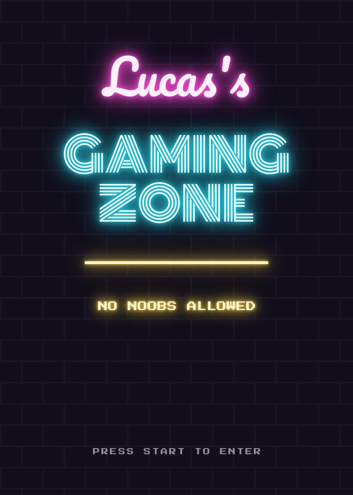 Gaming Zone personalised neon sign poster – the gamer's name and GAMING ZONE in glowing neon on a dark brick wall (Pink & Cyan)