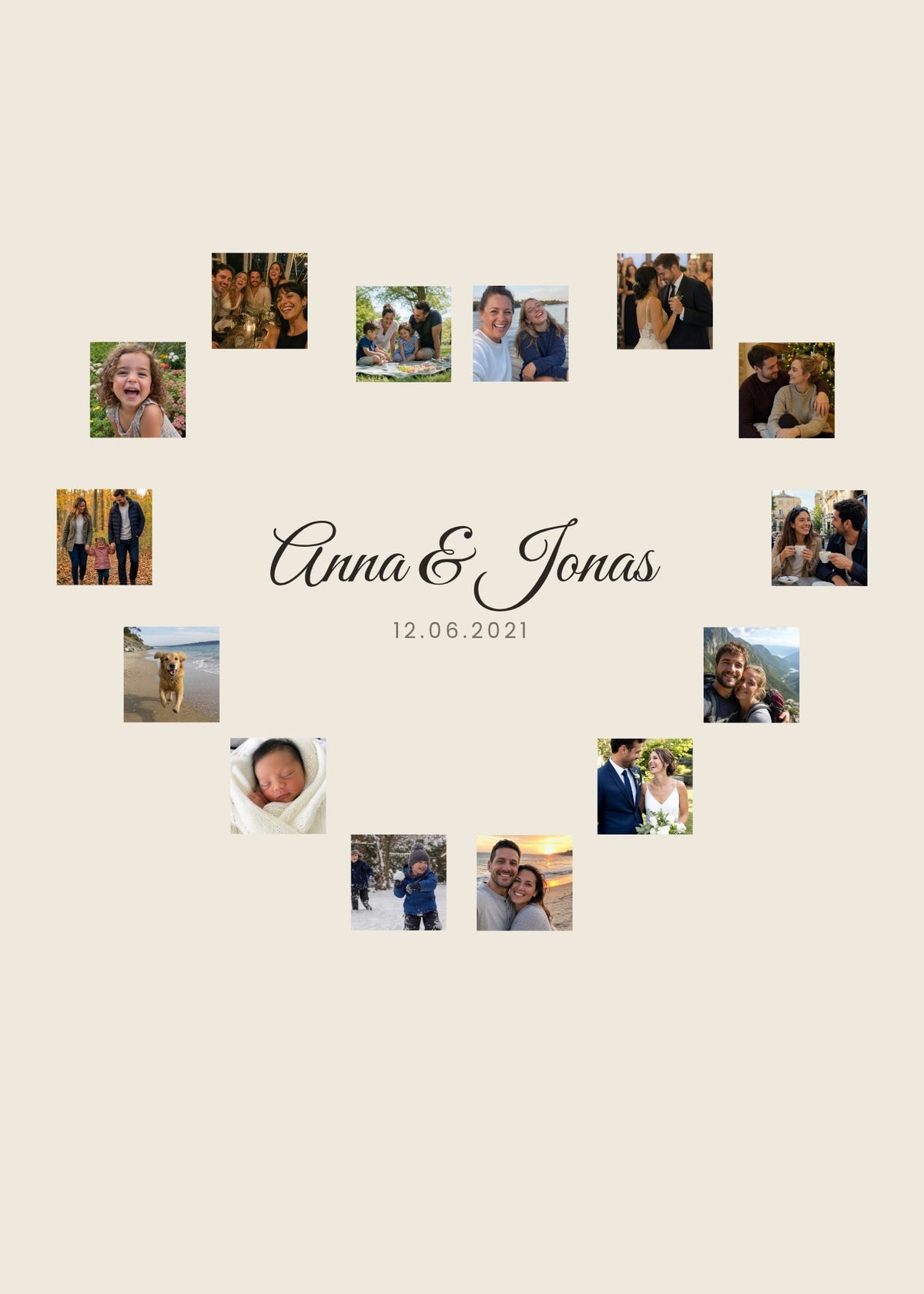 Heart Collage personalised poster – 14 photos around a heart with the names inside, on beige