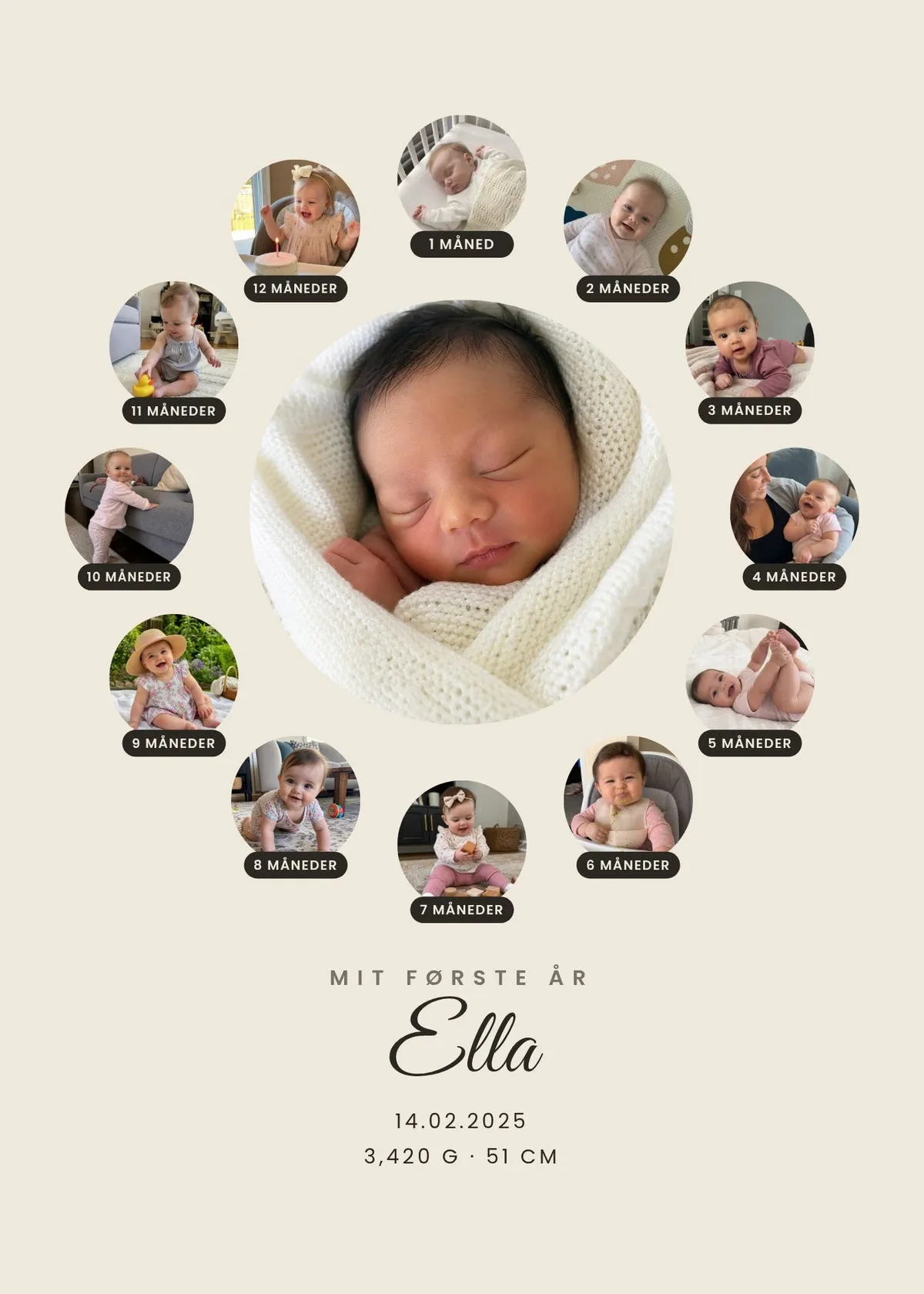 My First Year personalised poster – a large birth photo surrounded by twelve monthly baby photos with Danish month text, on beige
