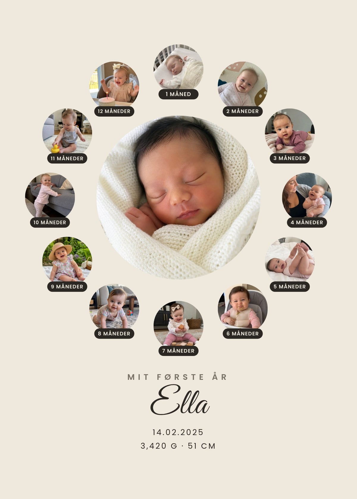 My First Year personalised poster – a large birth photo surrounded by twelve monthly baby photos with Danish month text, on beige