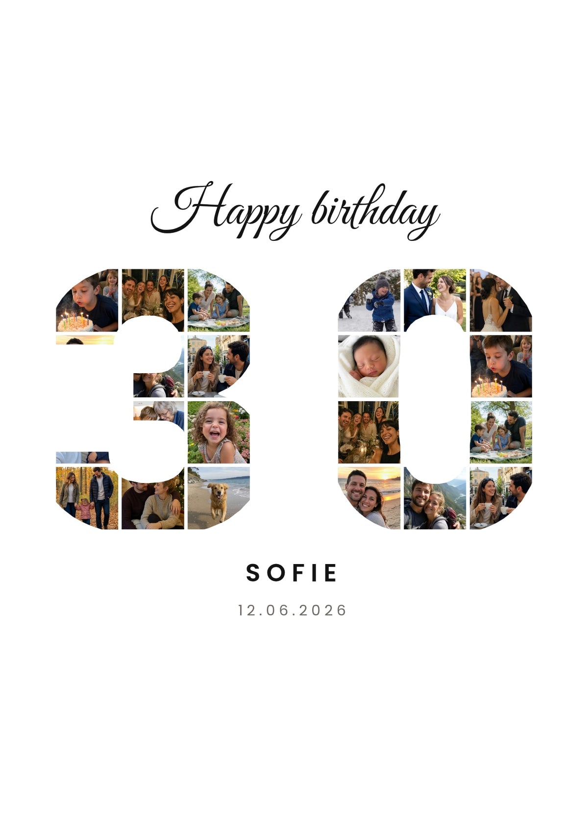 Number Collage personalised poster – the number 30 filled with a mosaic of photos, Happy birthday above, on white