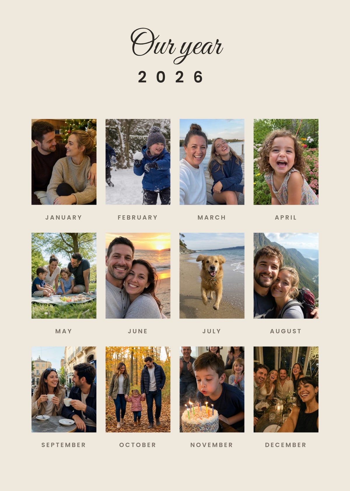 Our Year personalised poster – twelve tall photos laid out like a wall calendar with month names, on beige