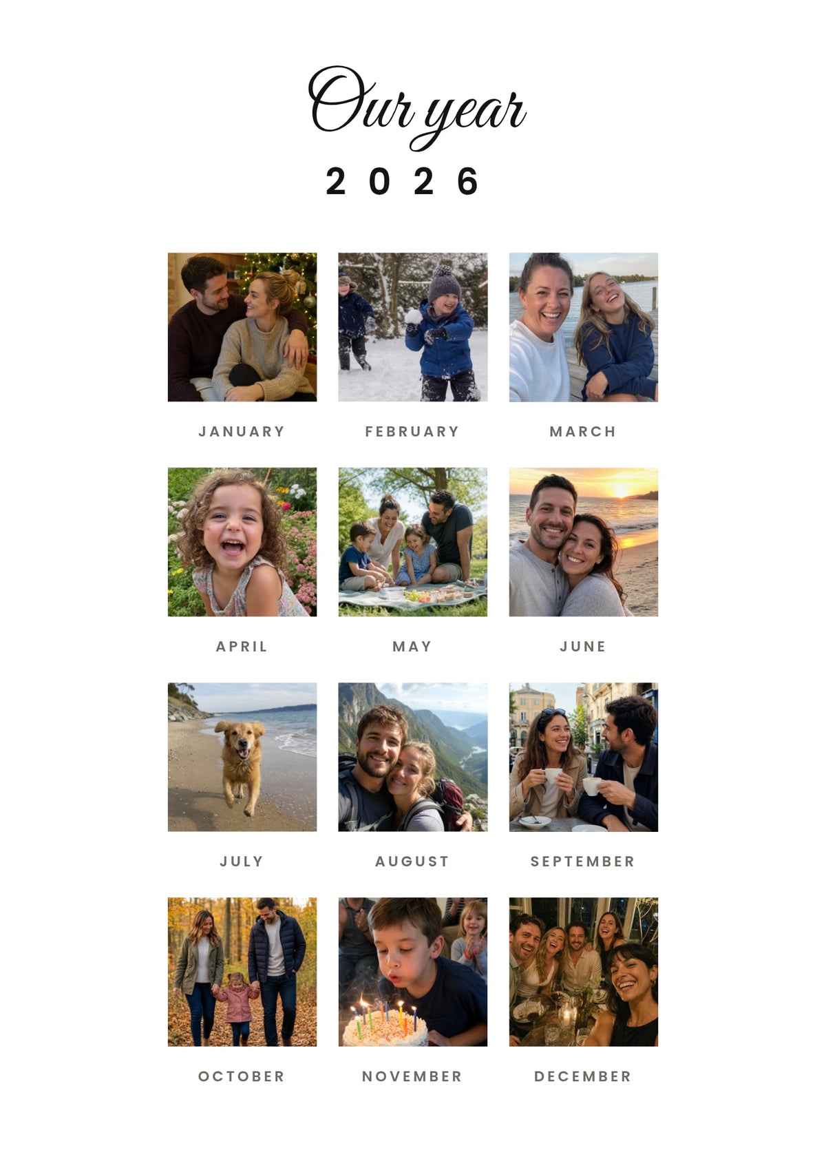 Our Year personalised poster – twelve photos in a grid, one for each month, with the year above, on white