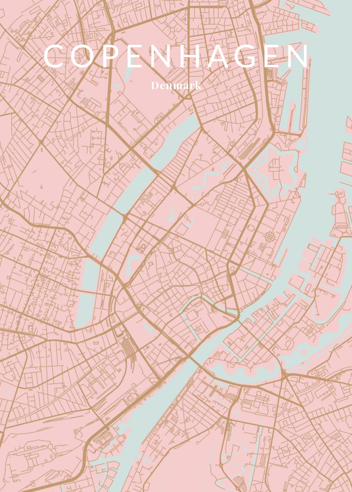 Pastel city map poster of Copenhagen in pink with golden roads