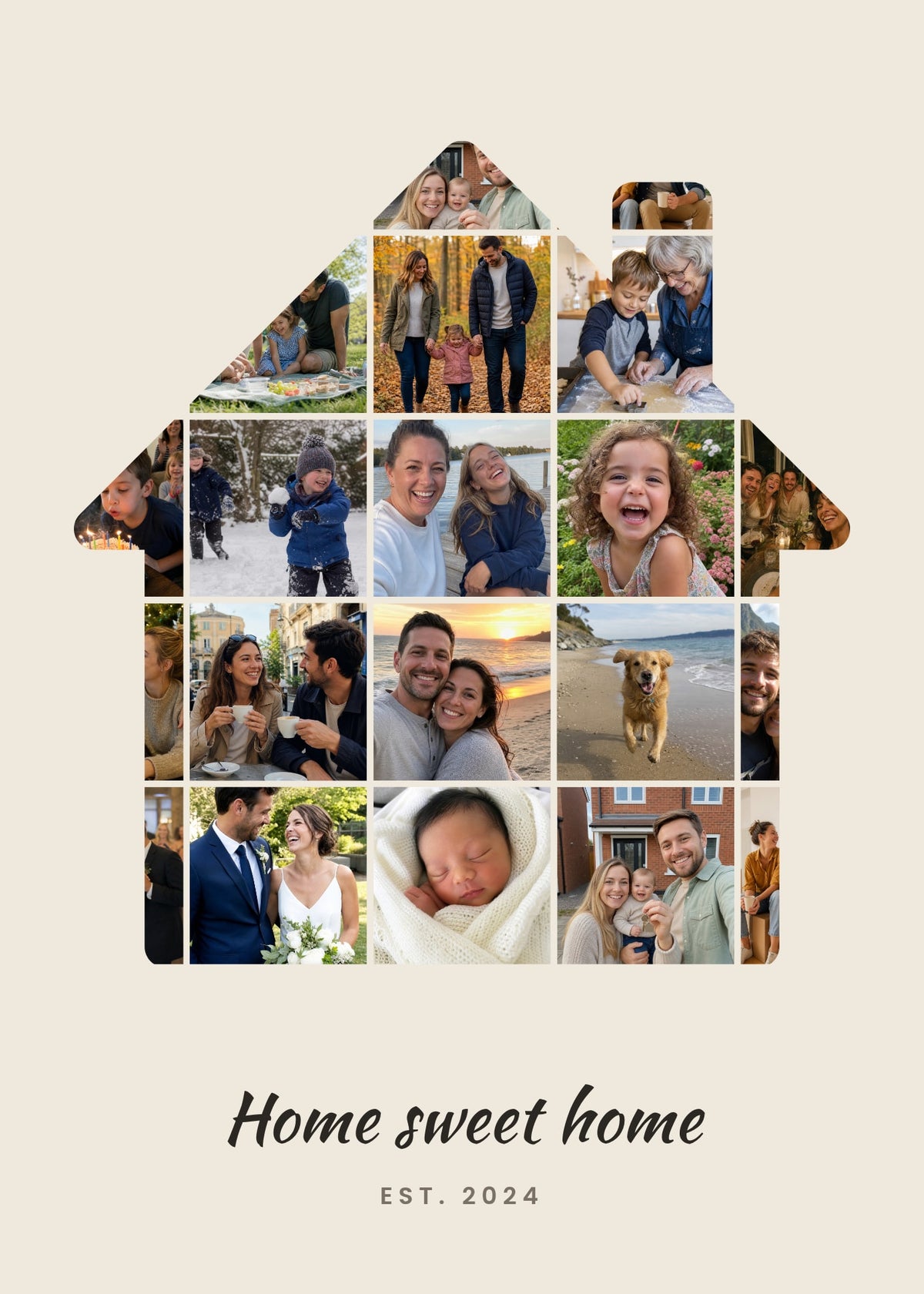 Shape Collage personalised poster – 20 family photos in the shape of a house, Home sweet home, on beige
