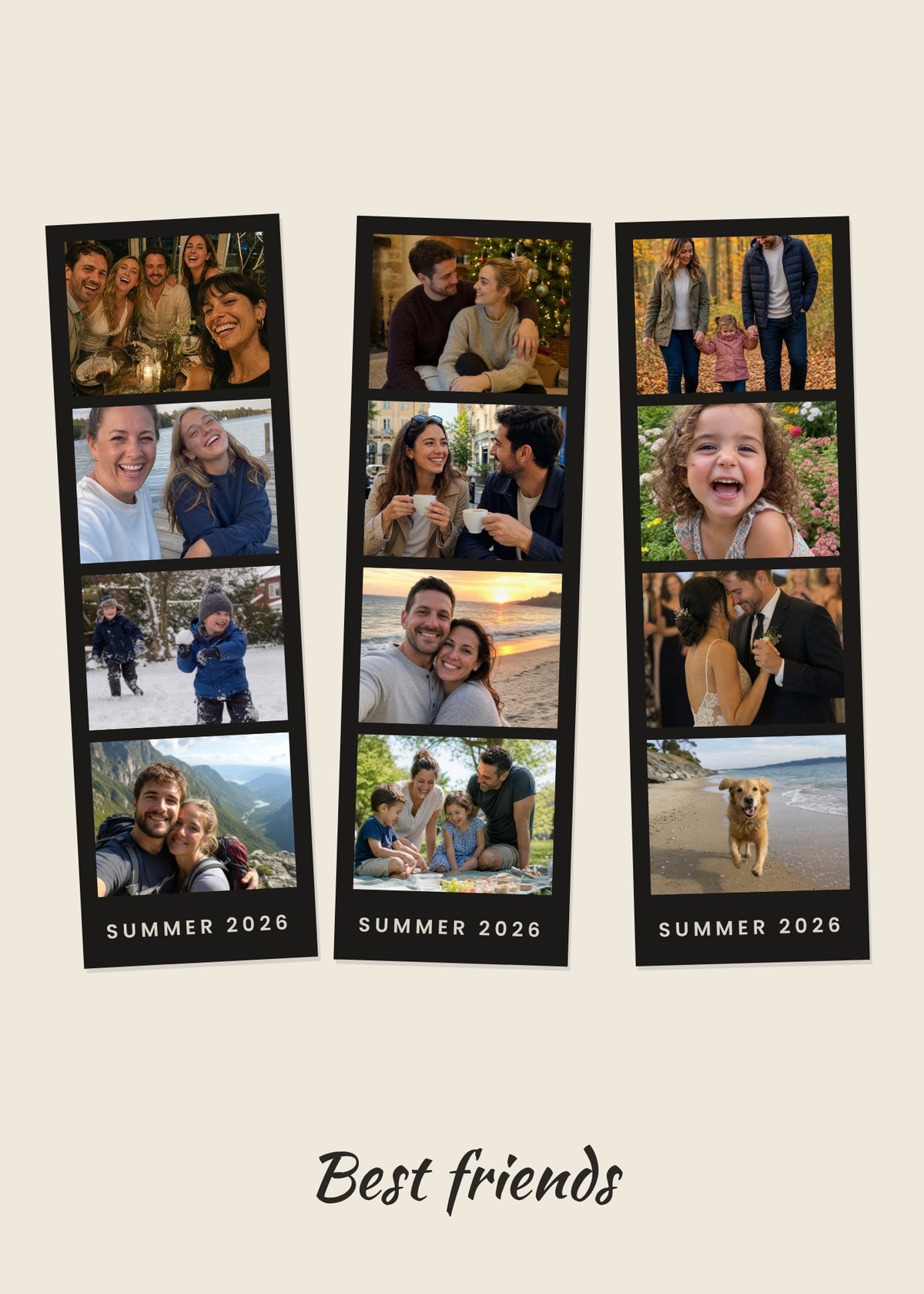 Photo Booth personalised poster – three tilted photo booth strips with twelve photos, on beige