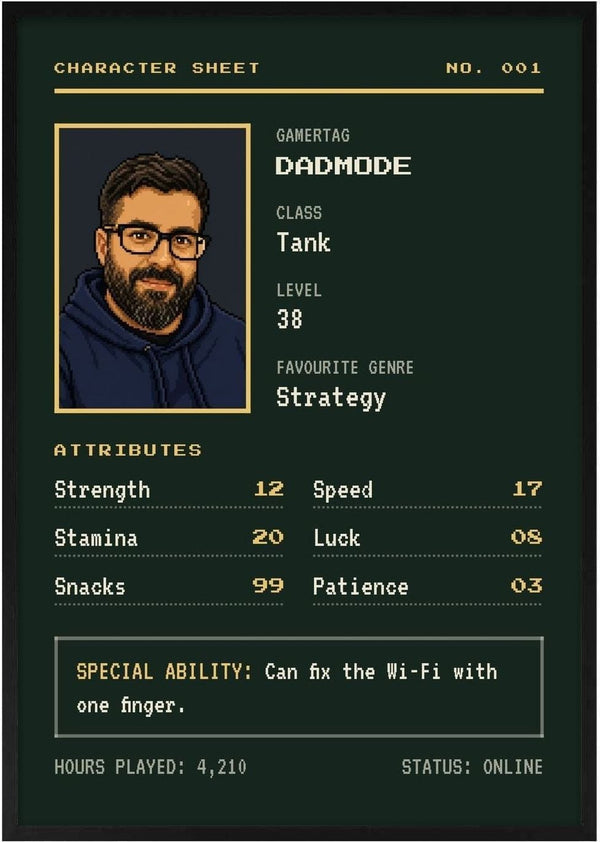 Gamer Character Sheet – Personlig plakat med pixel-avatar af Pictumi Studio