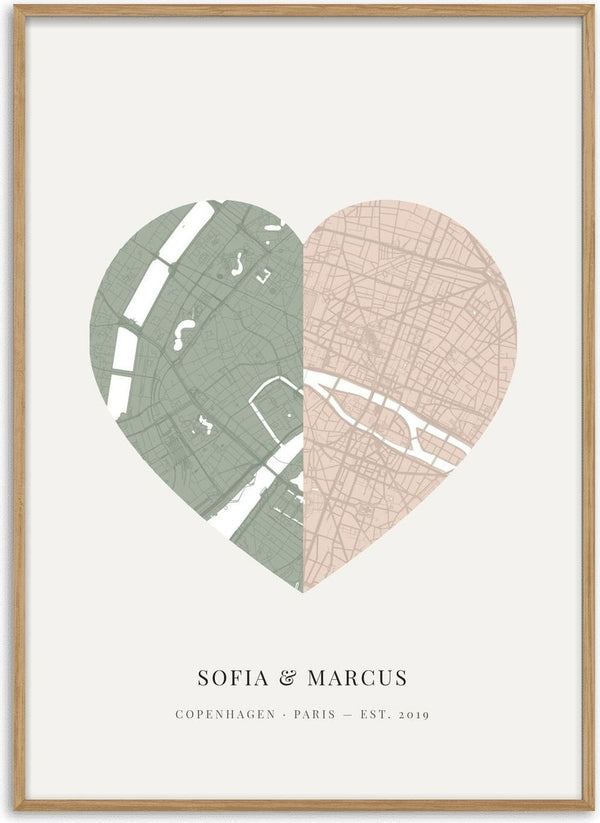 Love Map – personlig plakat med to byer i ét hjerte af Pictumi Studio