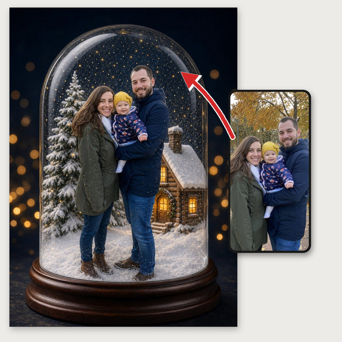 Snow Dome Portrait personalised poster – your family photo on a phone turned into a glass snow dome poster
