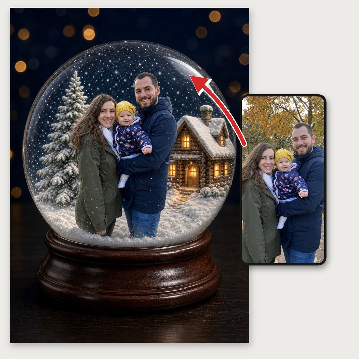Snow Globe Portrait personalised poster – your family photo on a phone turned into a snow globe poster