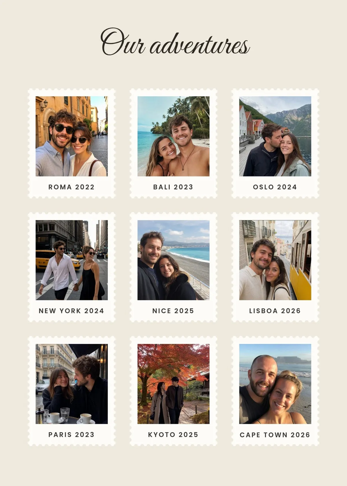Travel Stamps personalised poster – nine travel photos as postage stamps with the place and year under each, on beige