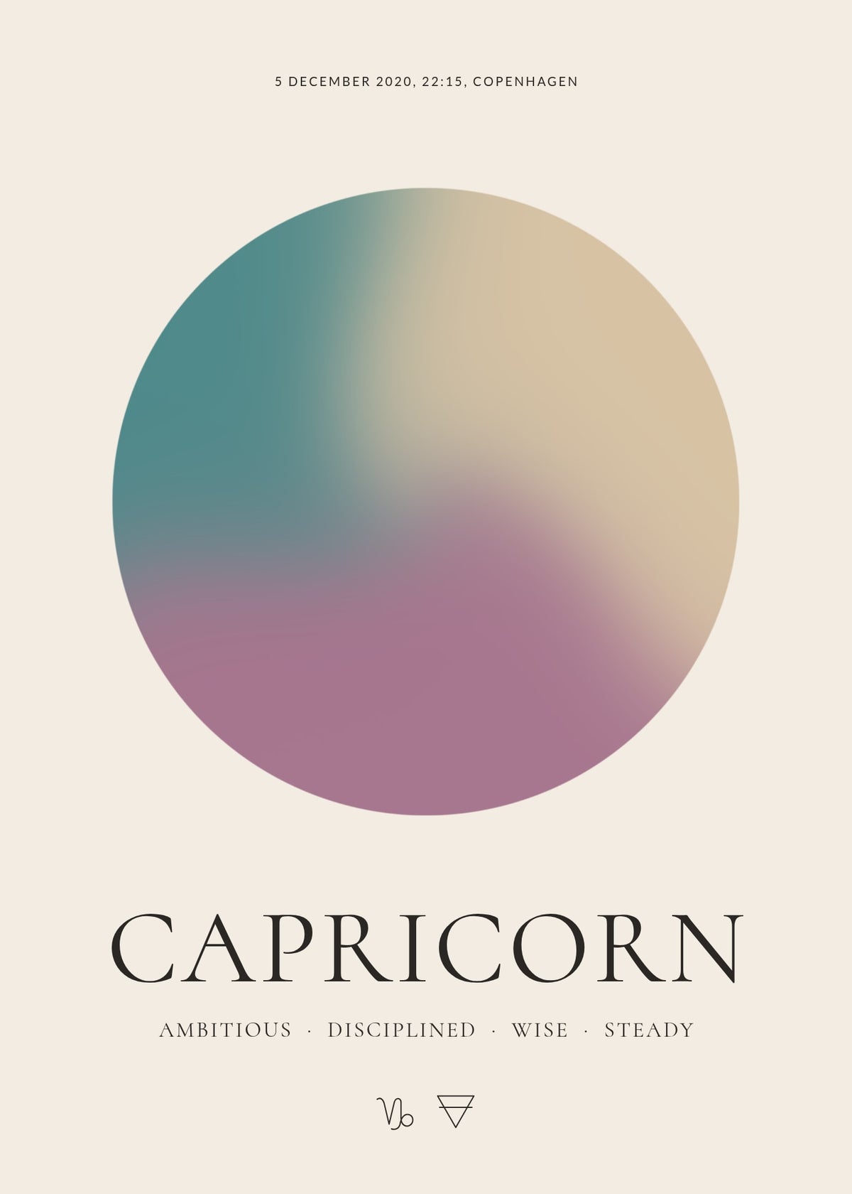 Capricorn zodiac aura poster – a glowing Capricorn aura with date, time and place, traits and the Capricorn symbol on a cream background