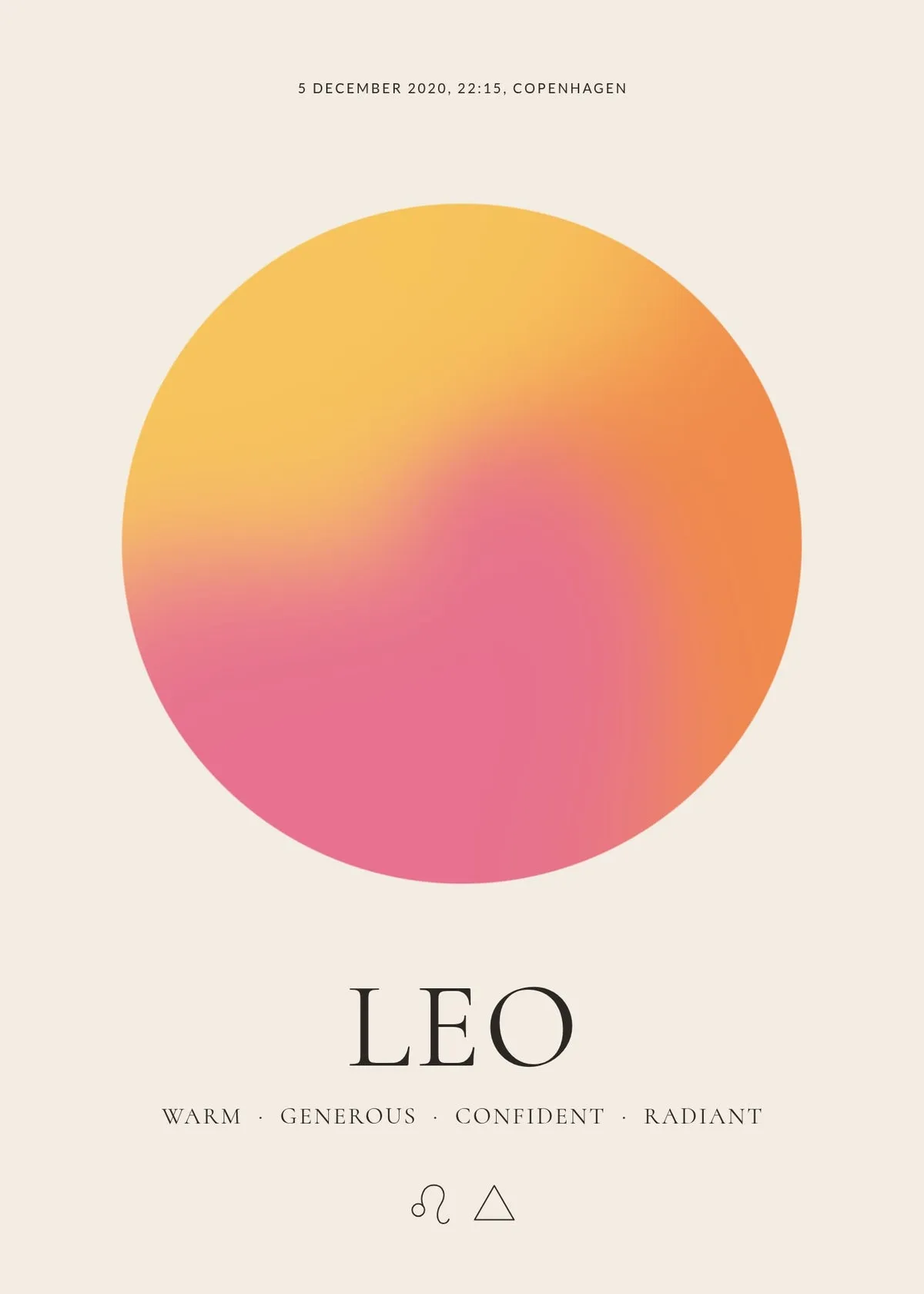 Leo zodiac aura poster – a glowing Leo aura with date, time and place, traits and the Leo symbol on a cream background