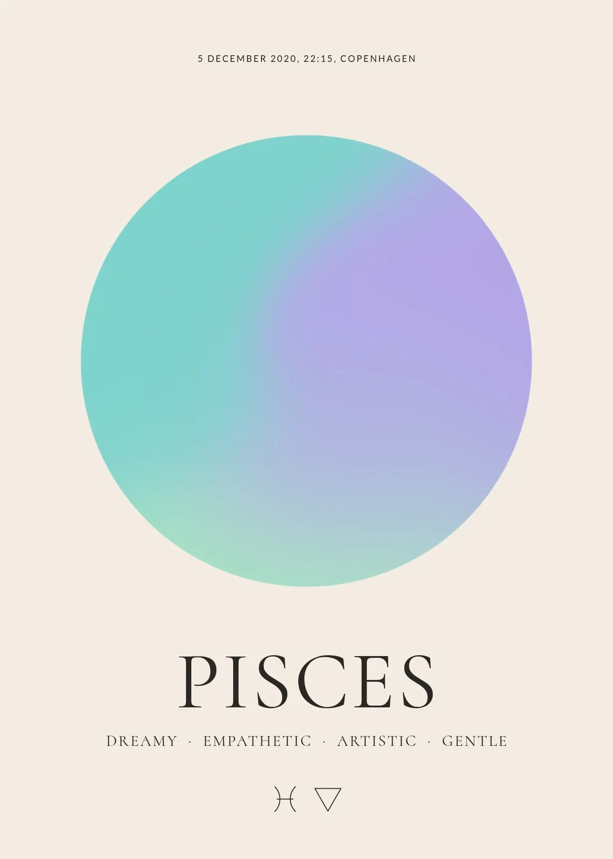 Pisces zodiac aura poster – a glowing Pisces aura with date, time and place, traits and the Pisces symbol on a cream background