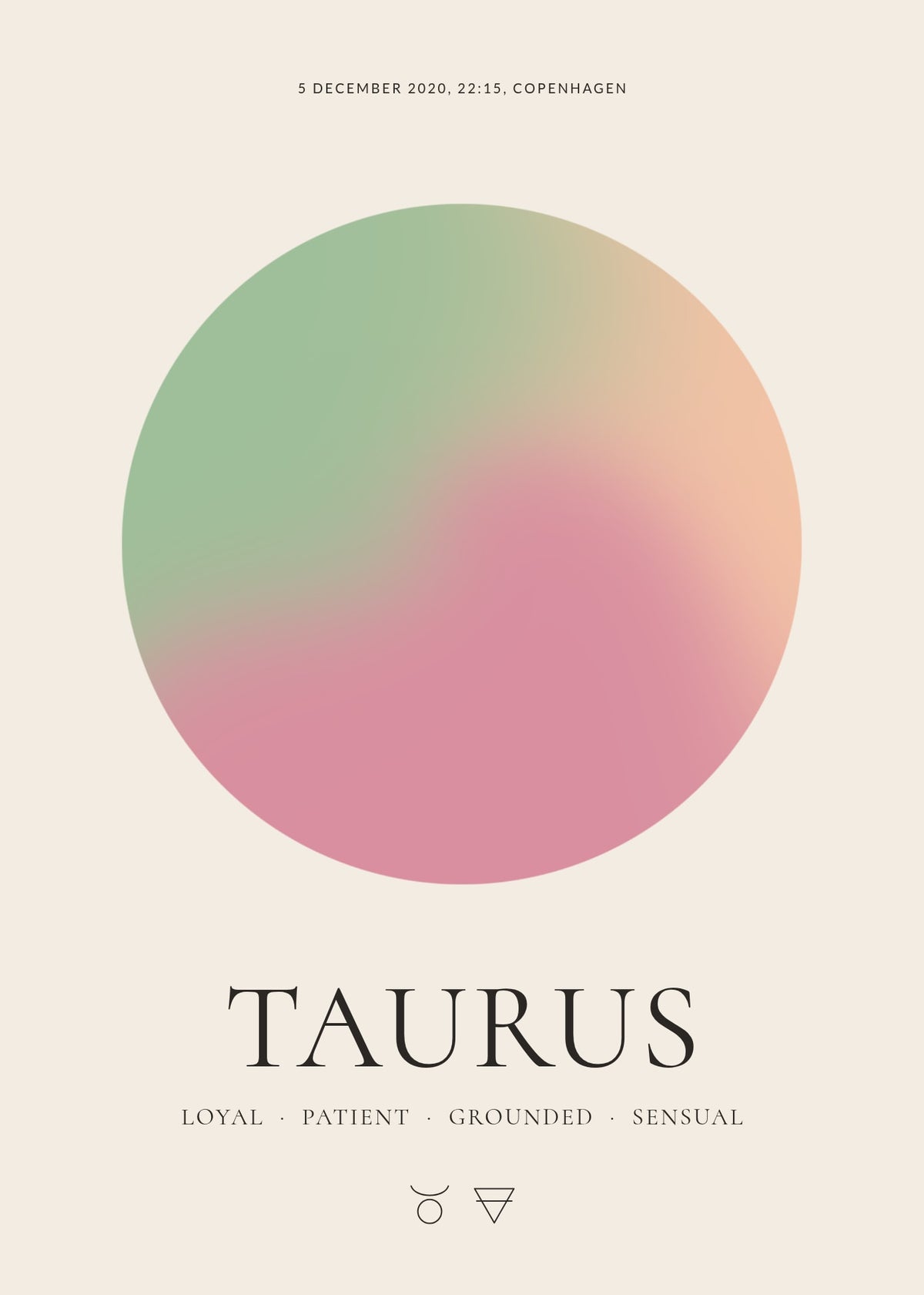 Taurus zodiac aura poster – a glowing Taurus aura with date, time and place, traits and the Taurus symbol on a cream background