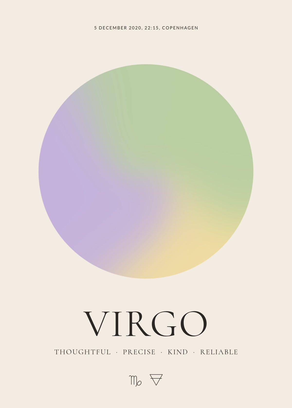 Virgo zodiac aura poster – a glowing Virgo aura with date, time and place, traits and the Virgo symbol on a cream background